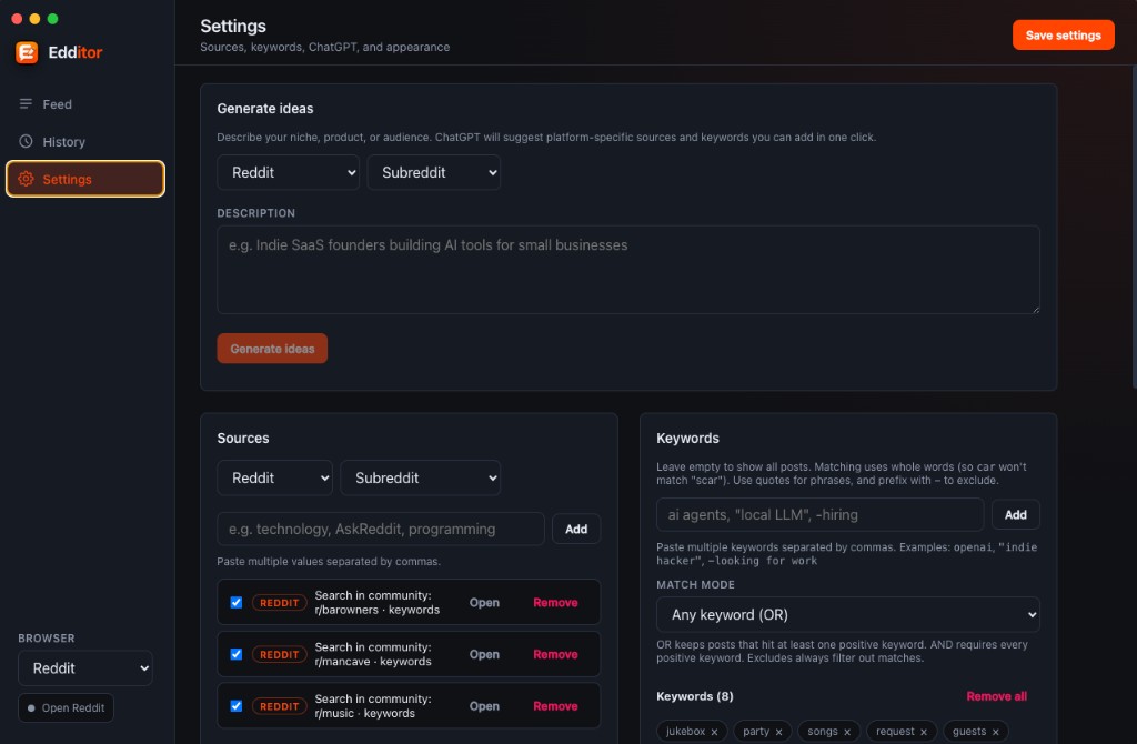 Edditor settings — sources, keywords, and ChatGPT